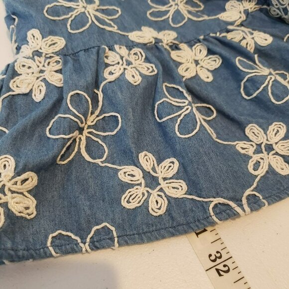 Womens Chambray Dress Daisies Mini Shift Floral Embroidered Peasant Pockets M - Picture 8 of 9